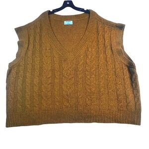 Plus Size 3X Academia Women Cable Knit V Neck Sleeveless Sweater Vest Brown Core